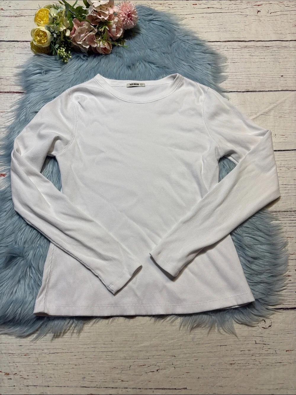 Buck Mason Surplus White Ribbed Crewneck Long Sleeve Top sz XL